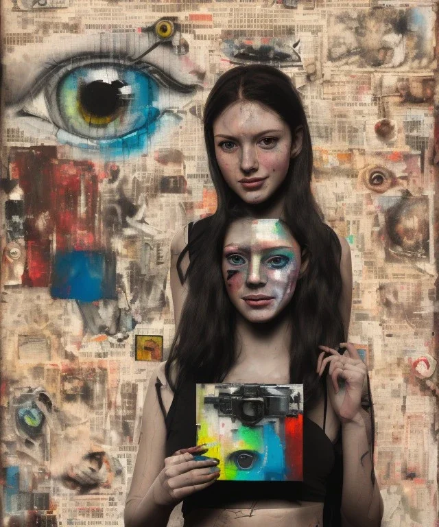 happy beautiful girl holding big proffesional camera in studio. street art, oil on canvas, spray paint, collage, letters, newspapeers, Dave McKean, Vladimir Fedotko, Saturno Butto, Vaughn Bodé, Frank Wu, James C. Christensen, collage, dirty, paint dripping, radiant