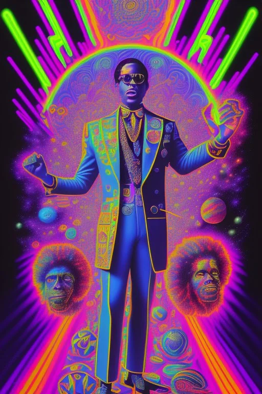 70s Black light poster design in the style of George Goode, featured “a black man rais[ing] his unshackled fist while the background bursts with fluorescent yellow flame.” neon fluorescent glow, psychedelic, bright, shimmering, fluorescent colors pop and sizzle, mystique, cosmic,