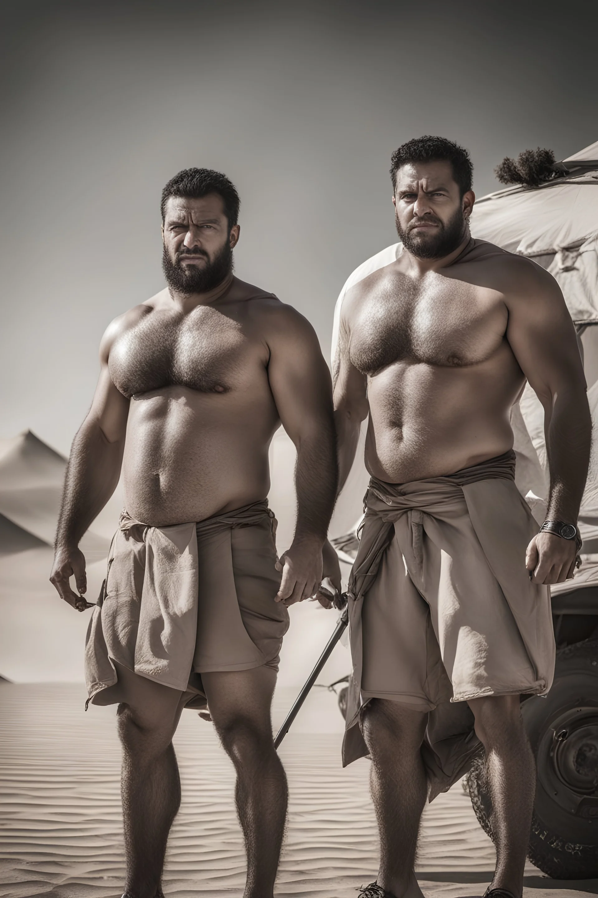 close up photography of two angry ugly brawn 28-year-old burly beefy bullneck arabs tourist guides wearing bulging shorts, shirtless, big shoulders, hairy chest, manly chest, with very bushy eyebrows, photorealistic, sunlight, ambient occlusion, strong side light , near a camping tent in the desert