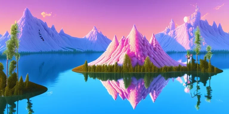  mountain topped with pink ice-cream, lake, trees, mystical, Neo-Dada,