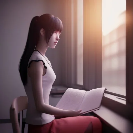 female student studying by the window, anime style, unreal engine 5, sun light, studio lighting --ar 1:1 --v 4