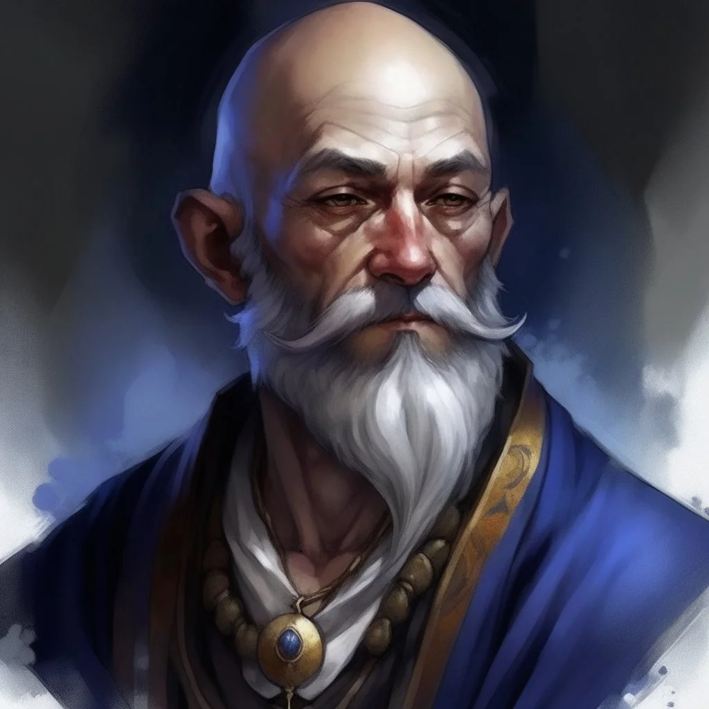 dnd, artistic, illustration, artstation, human, mage, wise, bald, grey beard, portrait, watercolour