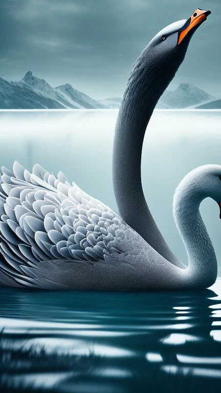 3d paper cut illustration on grey background, cool swan face creature in a lake with dynamic and vibrant designs, edgy and modern, layering, deep shadows of vector layers, intricated details