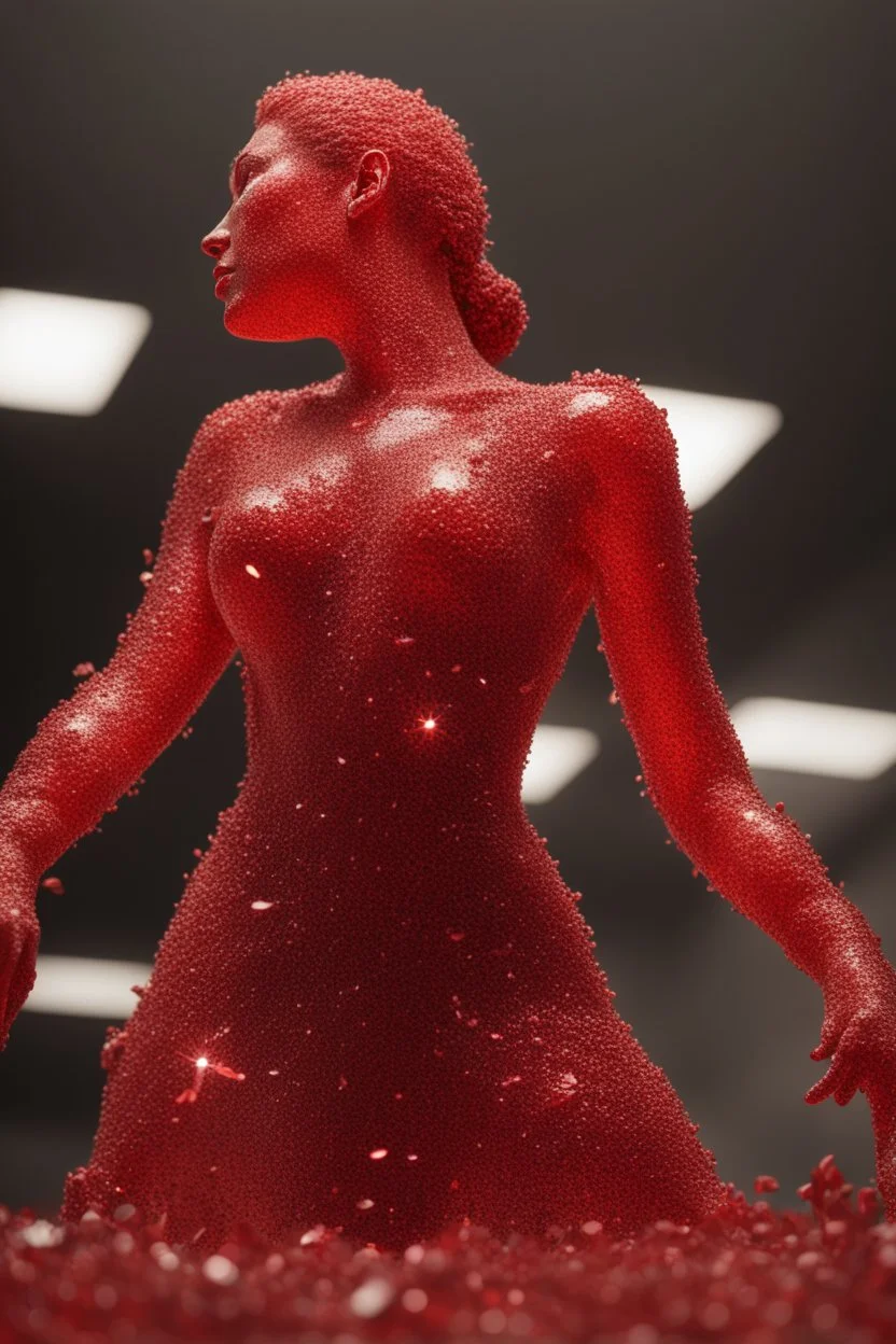 ultra detailed shot of a shattering sculpture made of red glass in a female shape, full body zoomed, ((red glitter floating around)), side view, motion effects, ((shattering sculpture)), colorful cristal particles floating as the sculptures shatter in loads of pieces, studio lights, ultra sharp focus, high speed shot, art by Mschiffer, soft colors,