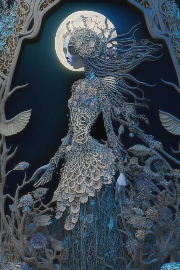 Artwork entitled "Skull Moon Pond Goddess " depicts a partially skeletonized Pond Goddess wearing a gown made from detailed quilling consisting of feathers, foliage, fish scales, flowers, and gemstones appearing inside an archway of quilling growing around her and the skull moon; insanely detailed; quilling; elegant, fantasy, rose tones, beautiful, rapturous