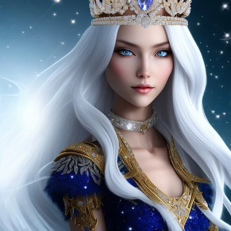 Ice Princess with white hair, a crown with precious stones, bright background