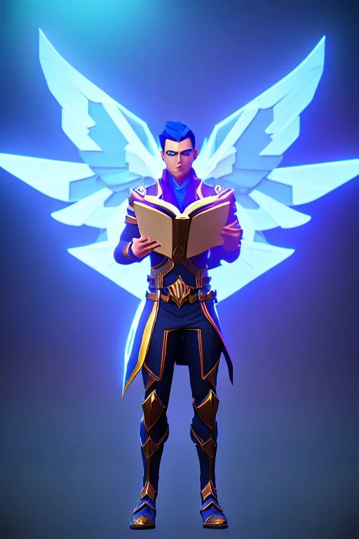 a human male with blue short hair and blue wings in an assymetrical armor with geometric patterns and a book in hand