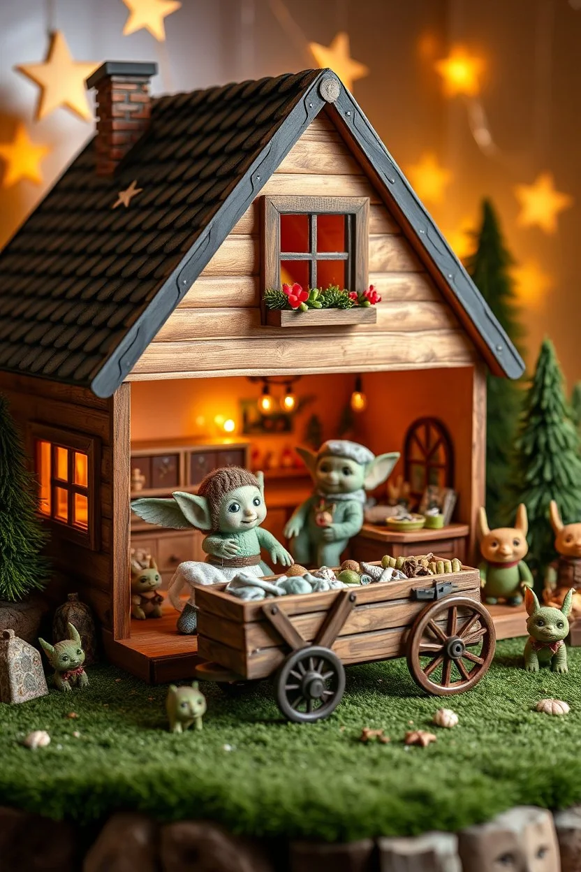 doll house with doll camping wagon and lotsa gremlins and starry background