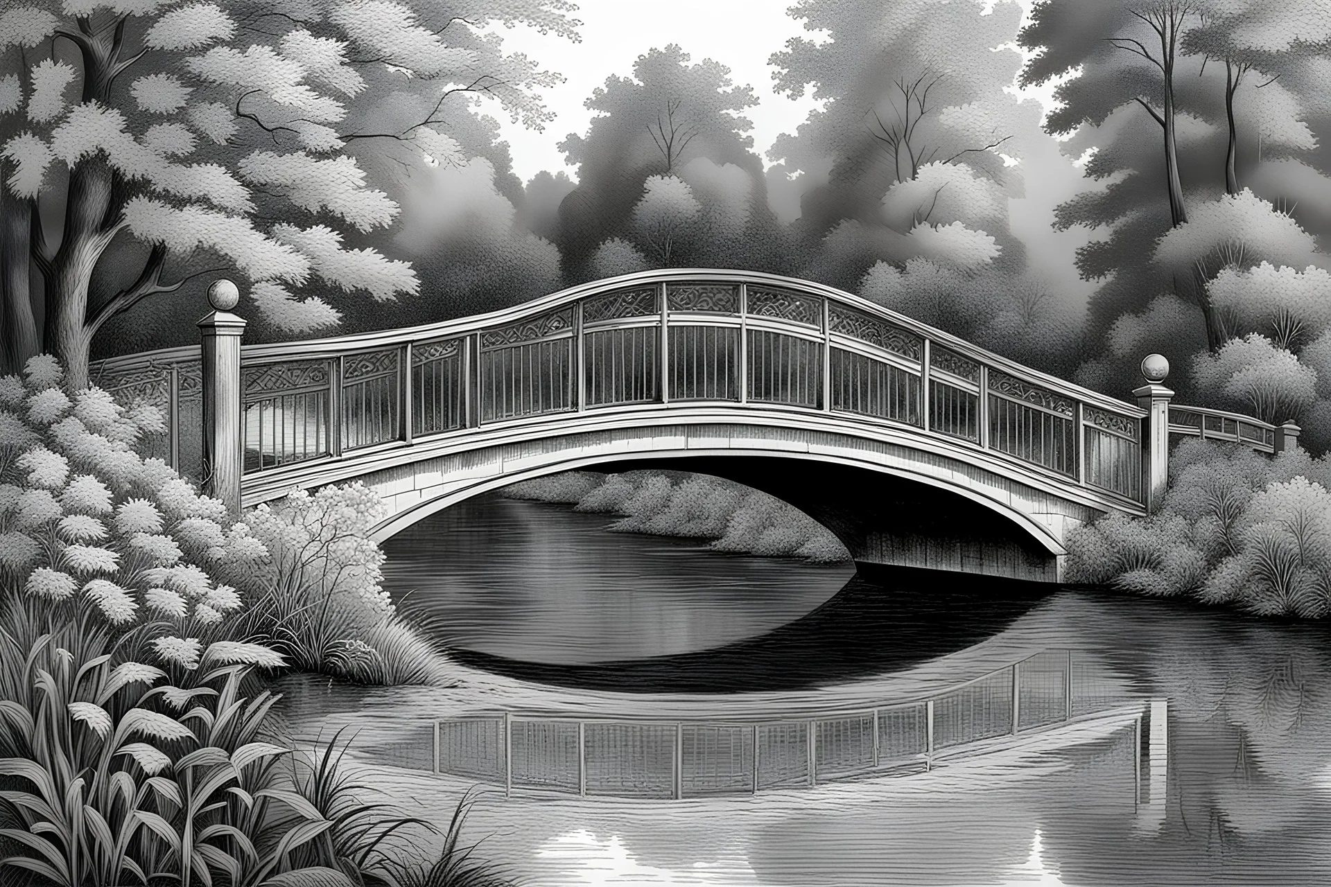 Bridge and lake, engraving technique
