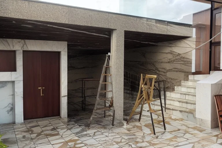 bookmatch effect marble on the wall of a luxury hotel with a rooftop pool. there are many tourists on the sunny patio