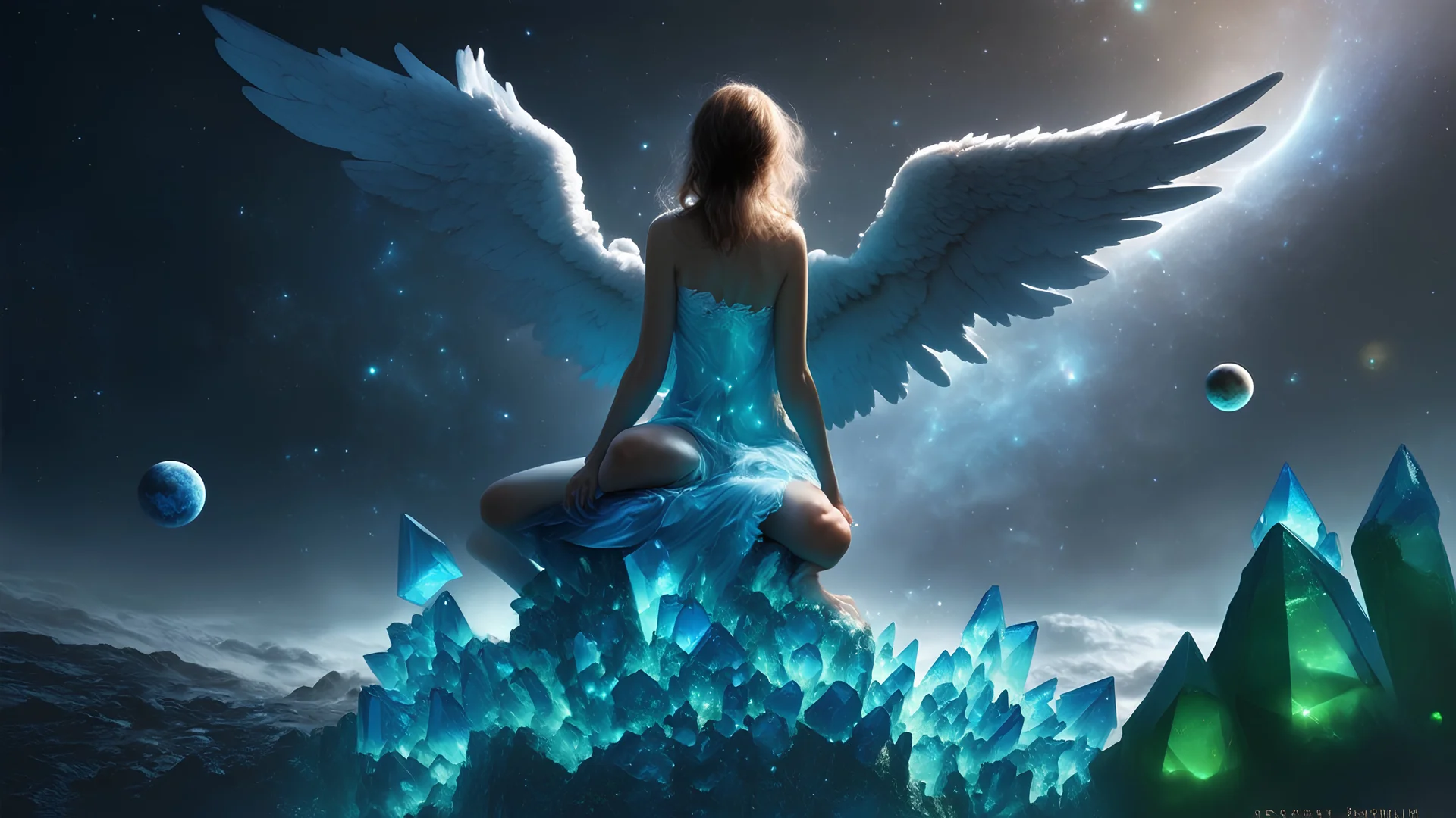 angel with a wings siting on the blue monolith made of blue tiberium crystals of lights, matrix universe, planets on the back grounds, green crystals of tiberium on the life and right