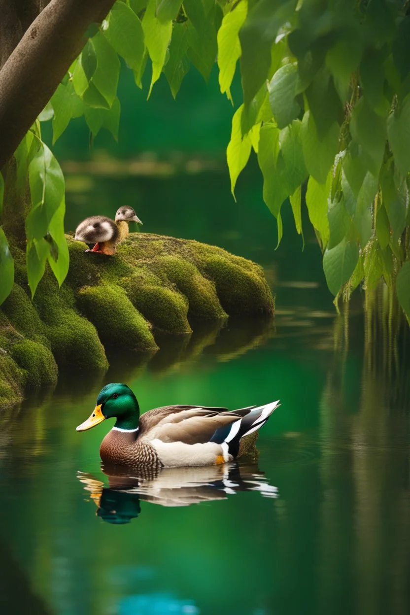A duck and her 3 chicks are swimming in the lake , covers a green leaves among relict trees, tropical forest in some places covered with ivy, around blue beautiful river fantasy, photo