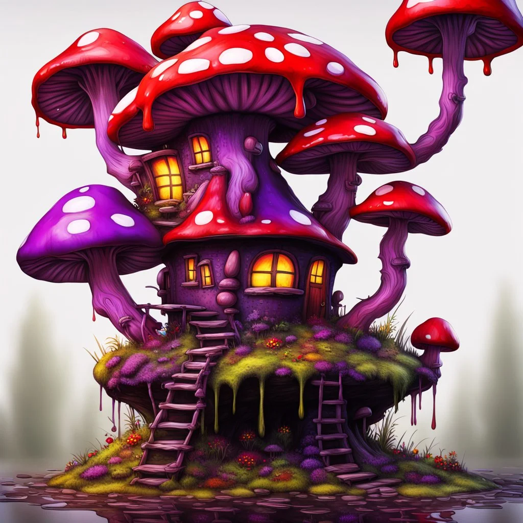A weird mushroom house with drippy spots and eyeballs on a floating island. black red purple yellow. Detailed gloss Painting, rich color, fantastical, intricate detail, splash screen, hyperdetailed, insane depth, concept art, 8k resolution, trendi