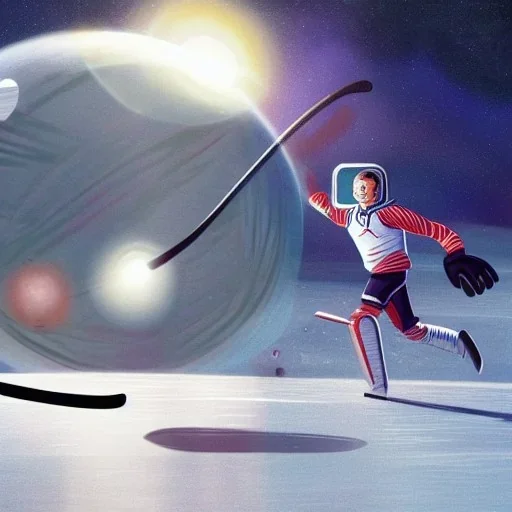 a man on a breakaway in hockey in outer space on a floating planet, but the goalie is an alien