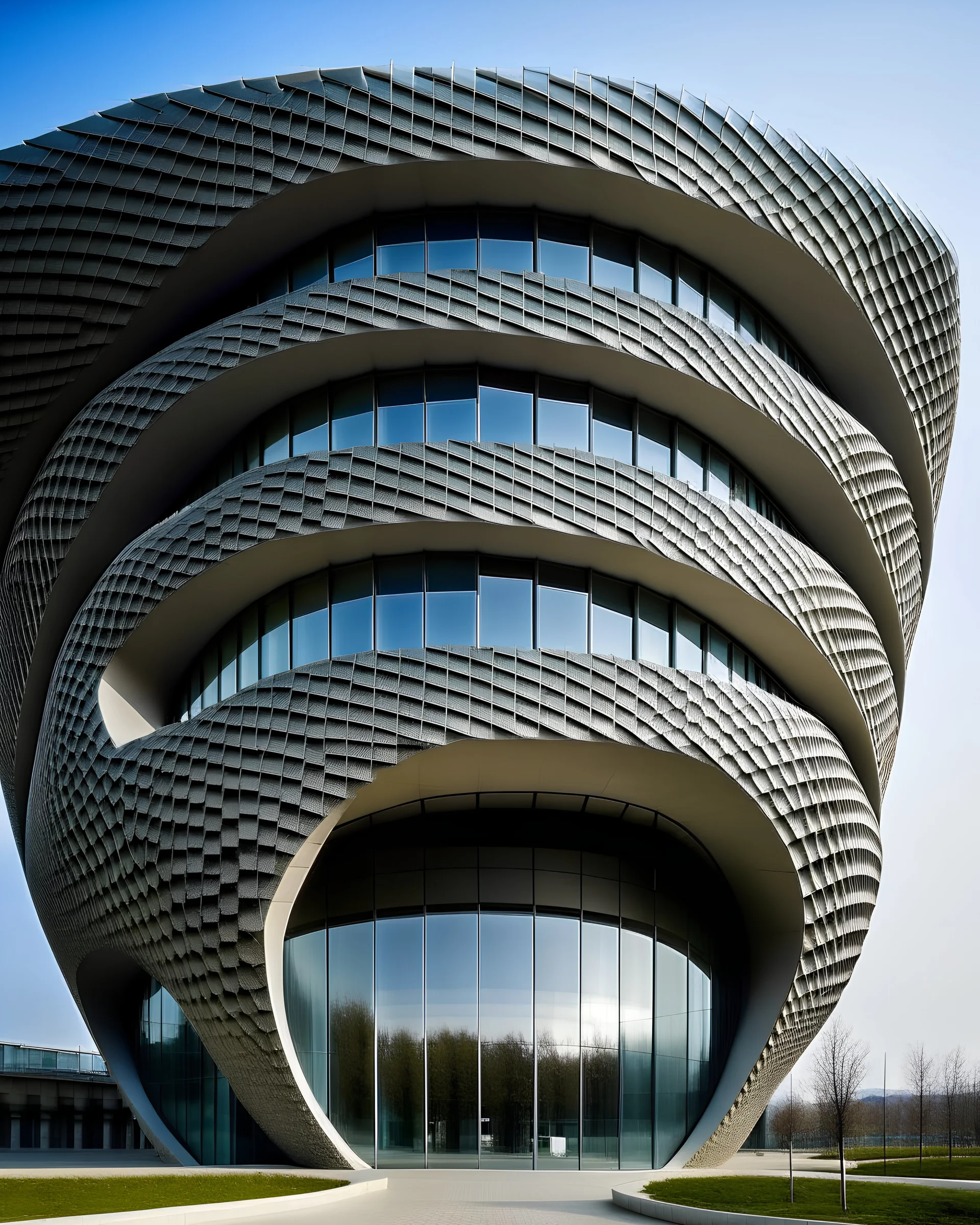 circular building, kengo kuma style facade, modern design, raw photo