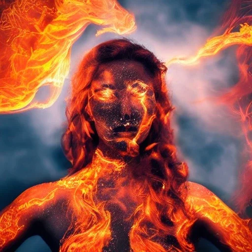 woman made of lava, full face, fire angel, hair on fire, hair made of flames, flames covering breasts, flames all around, only wearing bikini made of flames, extremely detailed, photo style, style of photo, lava background, smokey sky