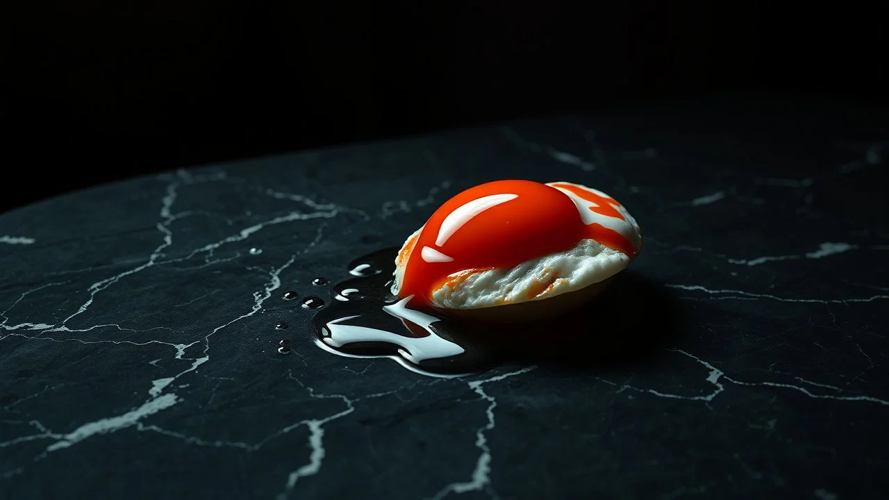 In a surreal and eerie dreamscape, a red fried egg on black marble slab. The dark deep colors of the surrounding environment cast dramatic shadows, while grease droplets from the egg distort and shimmer like tiny crystal pools. The dreamlike atmosphere is charged with a subtle thriller vibe, as the egg seems to pulse with a mysterious life force. The intricate veins of the marble are highlighted by a single beam of moonlight