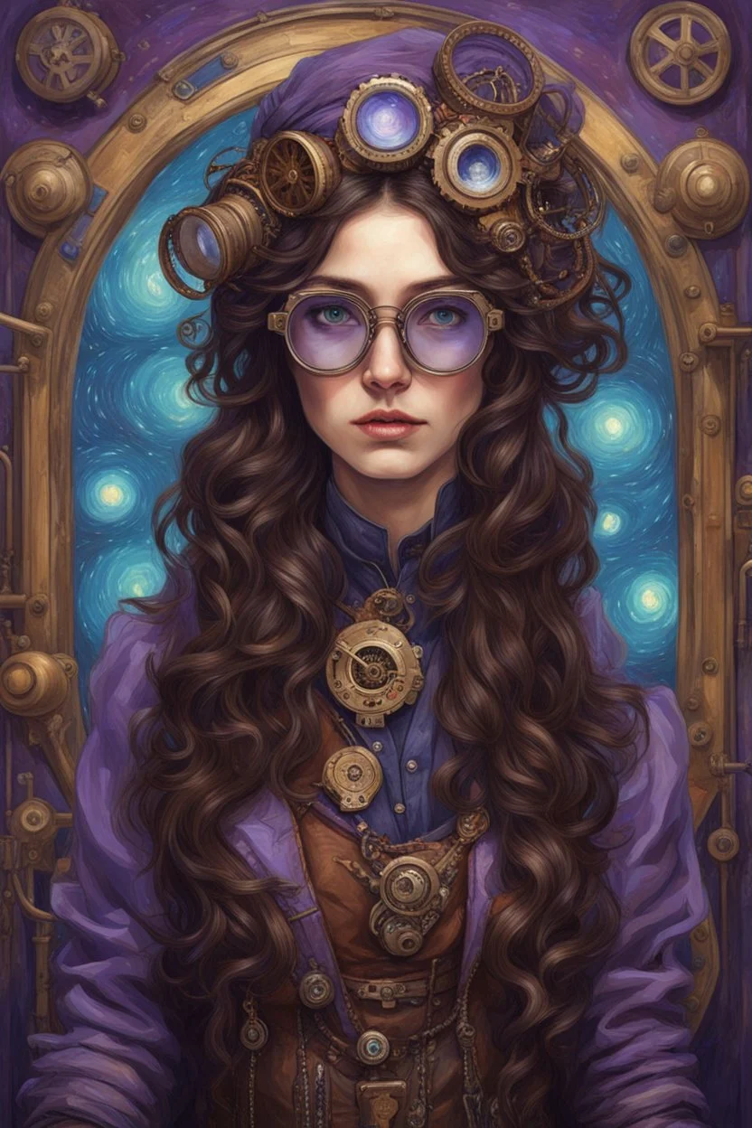A girl with long, wavy dark brown hair, steampunk glasses on her head, purple eyes, dressed in steampunk clothes , Portrait of Van Gogh