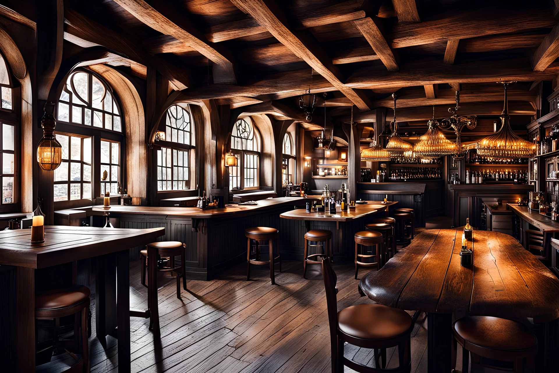 long shot of a beautiful tavern with many peoples , if I tell a story of her eyes beauty , her eyes story will collapse a tavern,The drunkards of the pub are all upset from her beauty