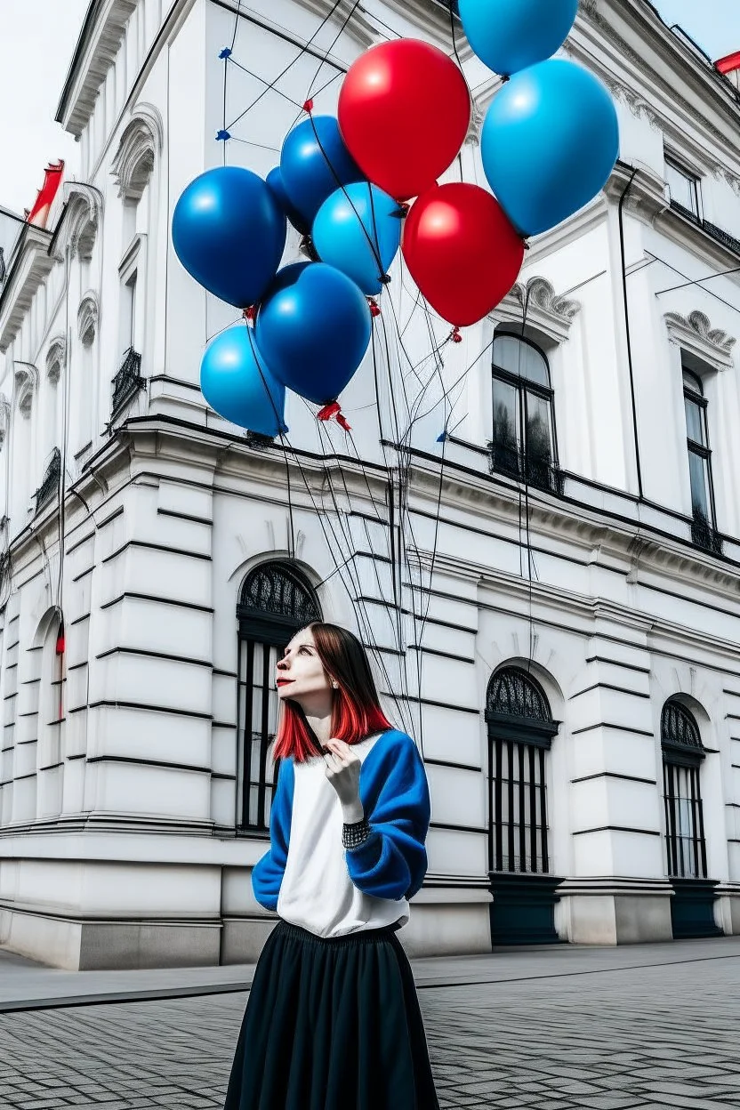 girl holds a string with blue and red balloons, in the background the white facade of a building, style like urban artist Bansky