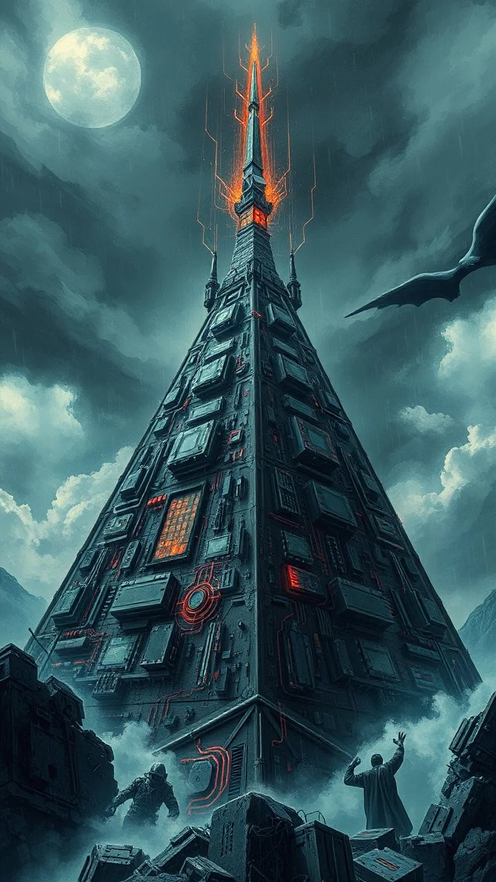 Synthography Art in Bocsh painting style nightmare of The Pyramid shape building with visual details of mechanical and electrical components and chips and components textures with gray clouds stormy weather in the background