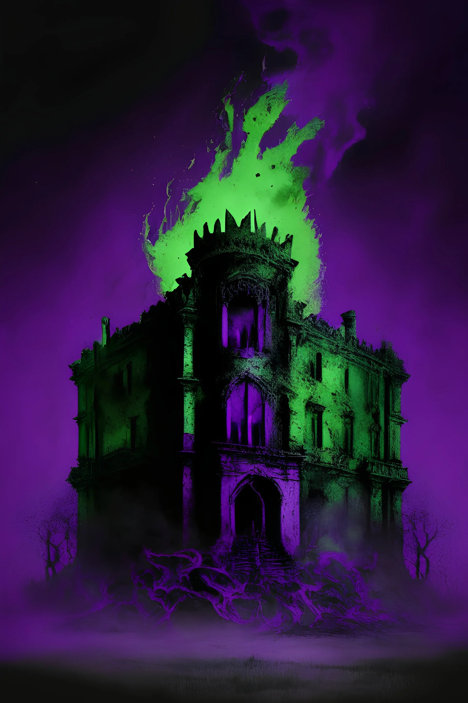 Hell palace - simple picture in fire eclipse and purple, green and grey coloristic