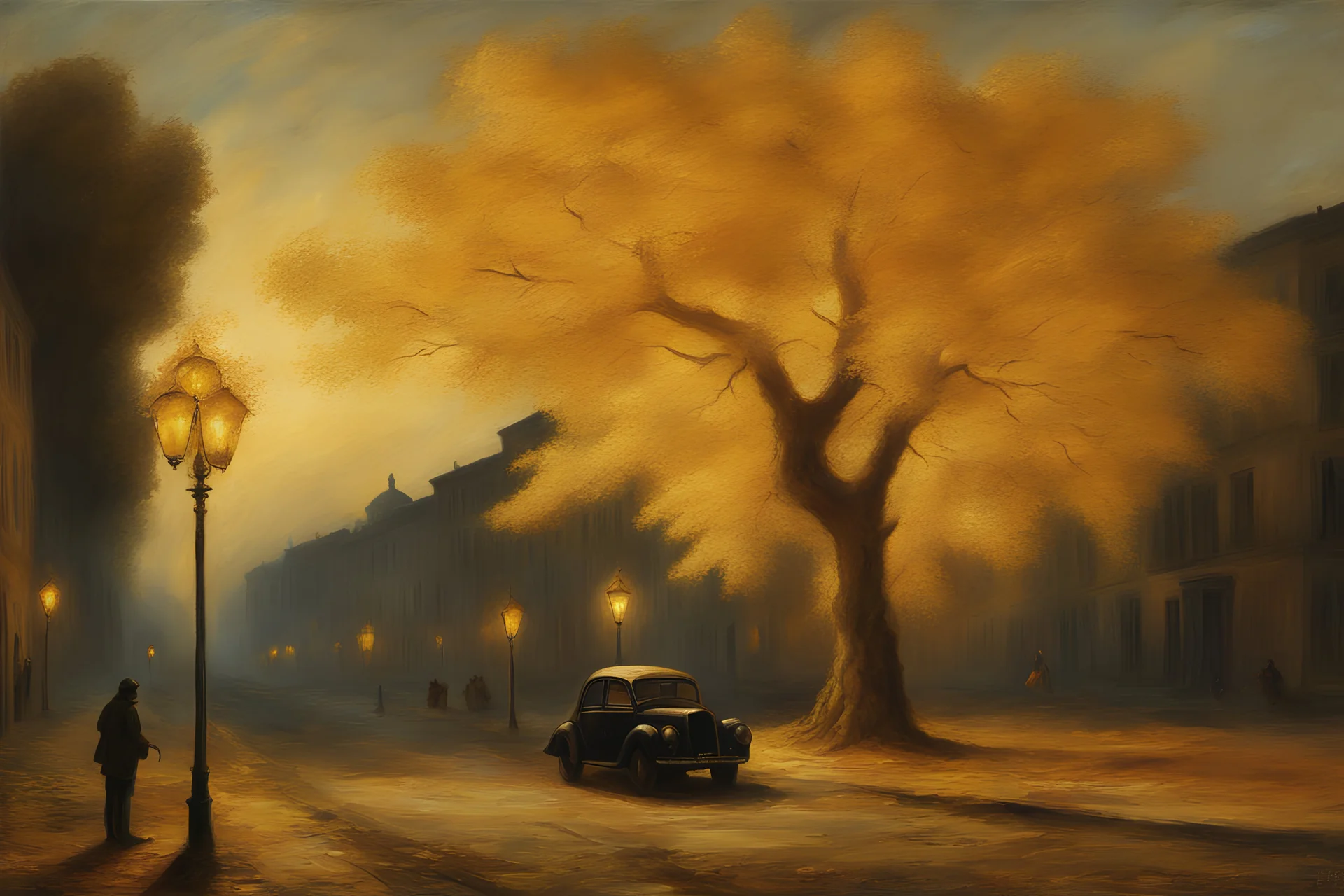 FAll golden tree under street lights by poussin