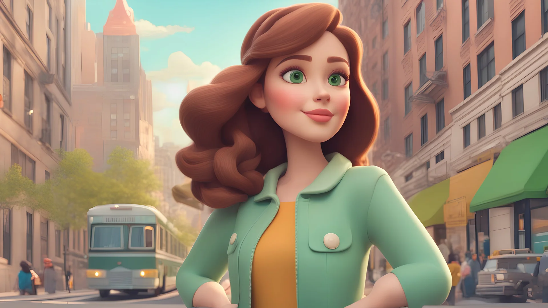 3d, Cartoon style pixar style woman with medium length brown hair and green eyes in new york city, in the style of soft dreamy pastel palette, pastel - colored scenes,