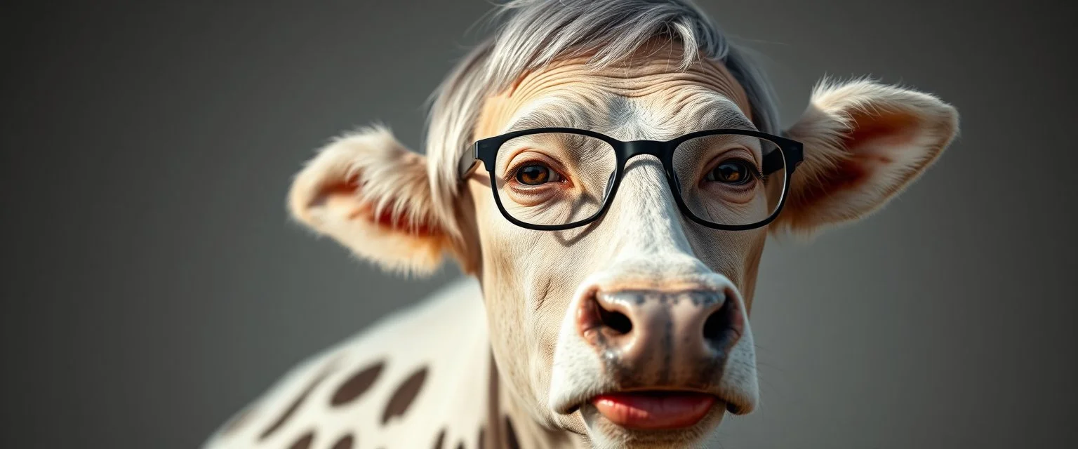 half grey haired half bald Bill Gates with a cow with lipstick mouth