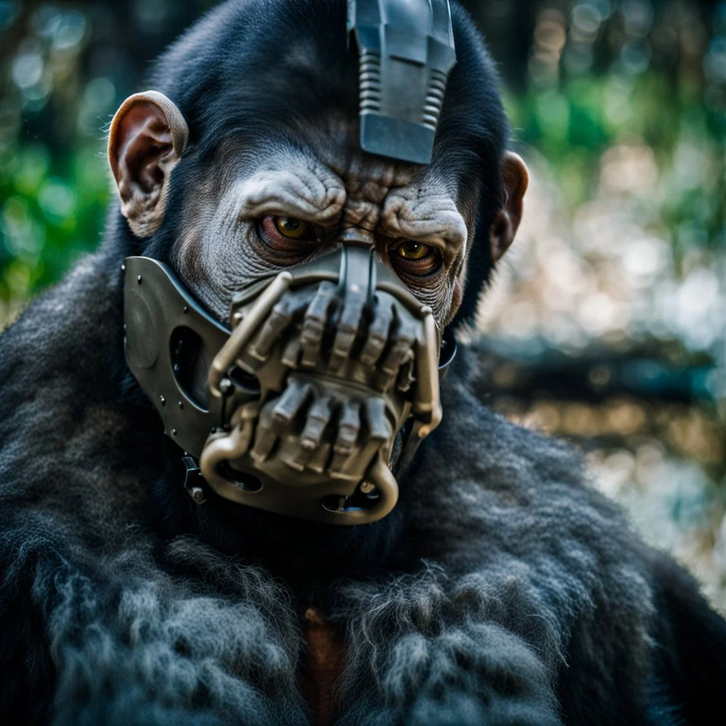 Cyborg Ape, breathing device, gas mask, respirator Christopher Nolan, Dystopian, Extreme depth of field, bokeh blur, Alberta, all-natural, in the style of candid, imperfection, natural lighting, Fuji Film, Anamorphic lens