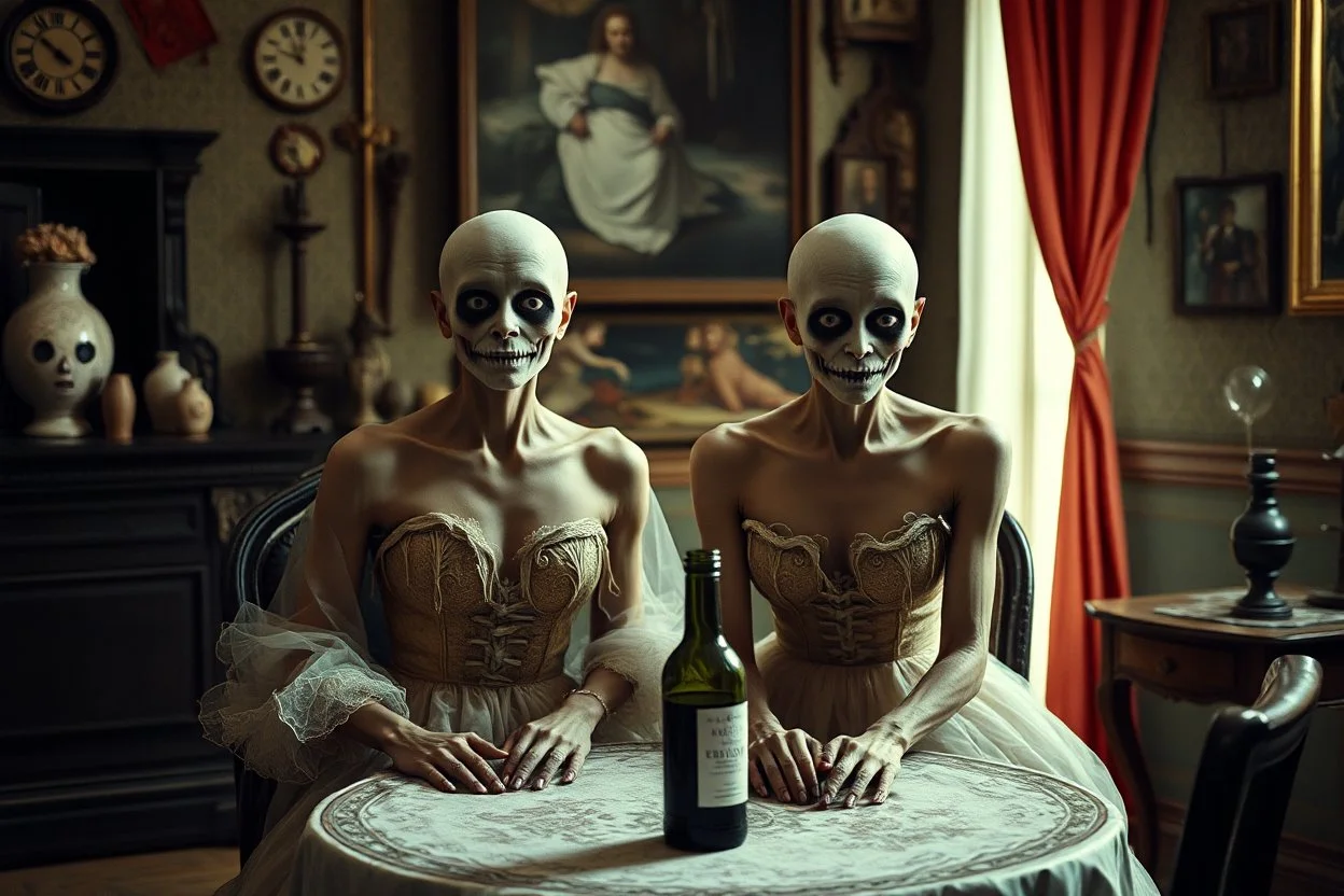 Persons flash photo, 1980 horror movieshot, sitting on a chair, table, bottle, eaging, dine, odd objects in background, persone con sorriso falso e occhi grandi, tenebroso, macabro, interno museo, fiotti di liquido nero che zampillano, hypermaximalist, Hieronymus Bosch style, strangeness, sundial light, intricate, albero, hypnotic, very accentuated details of the dress and skin, eerily mysterious, artistic photo, shot on Hasselblad, sadness, follia