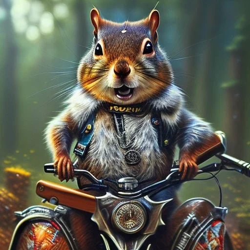  highly detailed and realistic squirrel gang member wearing a vest and a bandana riding a chopper, high detail, realism, vibrant colours, graffiti accents, complementary colours, splash art, perfect composition, beautiful detailed intricate insanely detailed octane render trending on artstation, 8 k artistic photography, photorealistic concept art, soft natural volumetric cinematic perfect light, chiaroscuro, award - winning photograph, masterpiece, oil on canvas, raphael, caravaggio, greg rutko