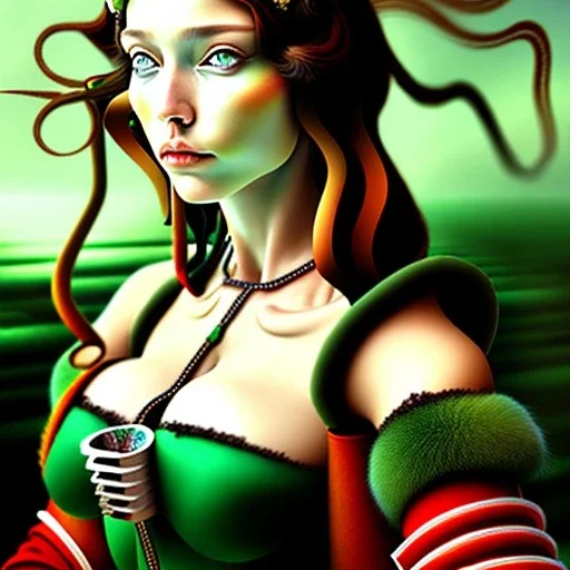 portrait of a beautiful busty Rogue with green eyes horse riding by Sandro Botticelli style