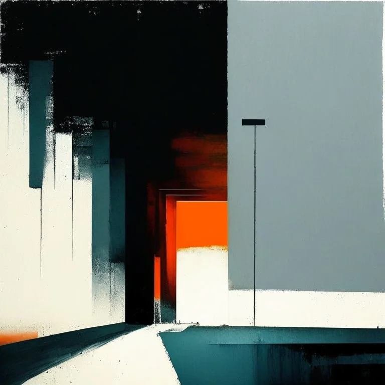 A desolate concrete road with steps to a bridge. In the style of Justin Mortimer and Phil Hale. Minimalist contemporary painting with rough brushstrokes.