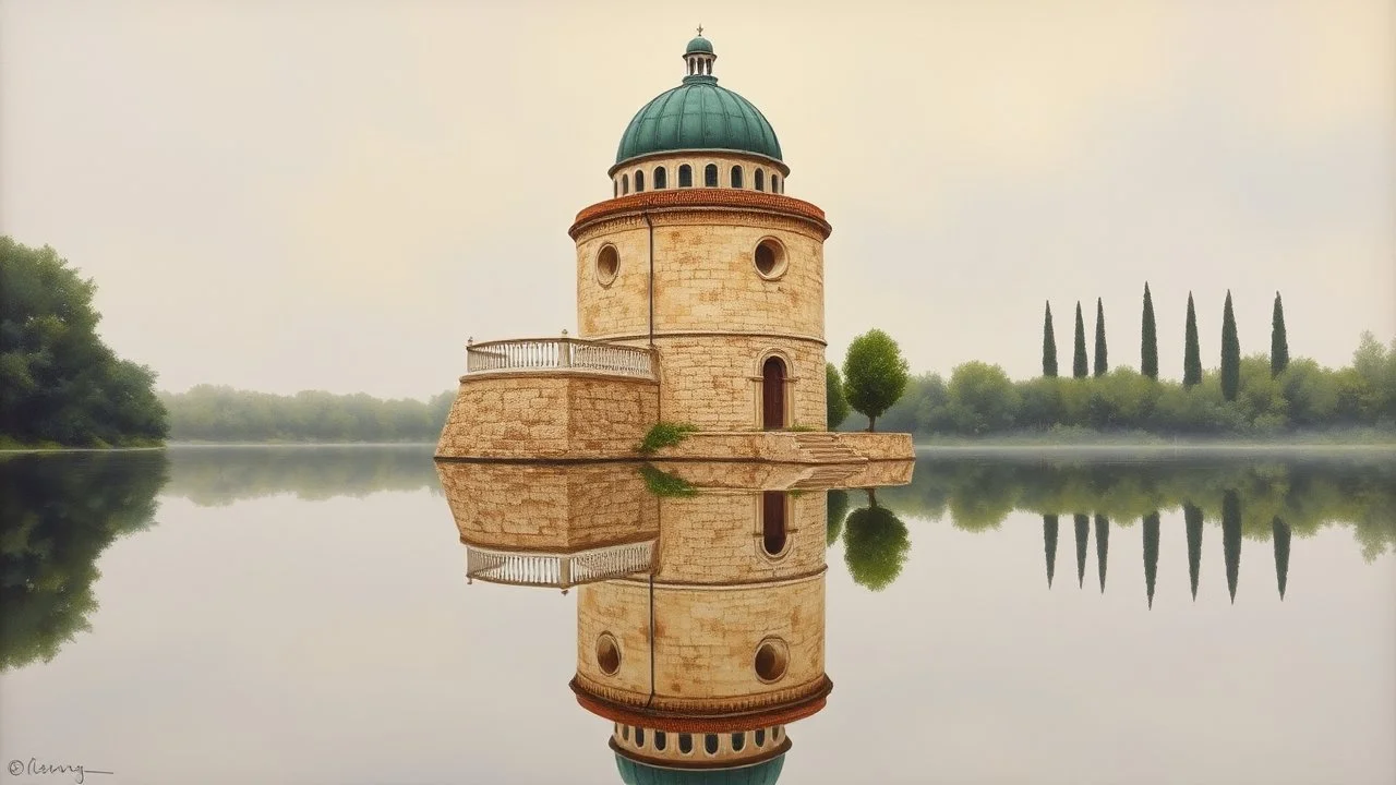 An ancient, weathered stone building with a green domed roof stands tall in the center of the image, reflected perfectly in the still, calm water below. A delicate white balustrade extends from the side of the building, also mirrored in the water. The building is surrounded by a lush, green treeline and tall, slender cypress trees on the horizon. The sky is overcast with soft, muted colors, contributing to the serene and timeless atmosphere of the painting. The overall style is realistic with a