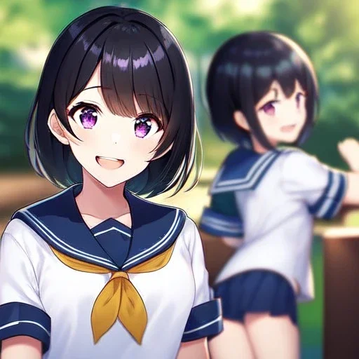 Clear focus,High resolution, Anime girl wearing a sailor uniform at school, laughing, blurry background, classmates in the background, Short black hair, Purple eyes