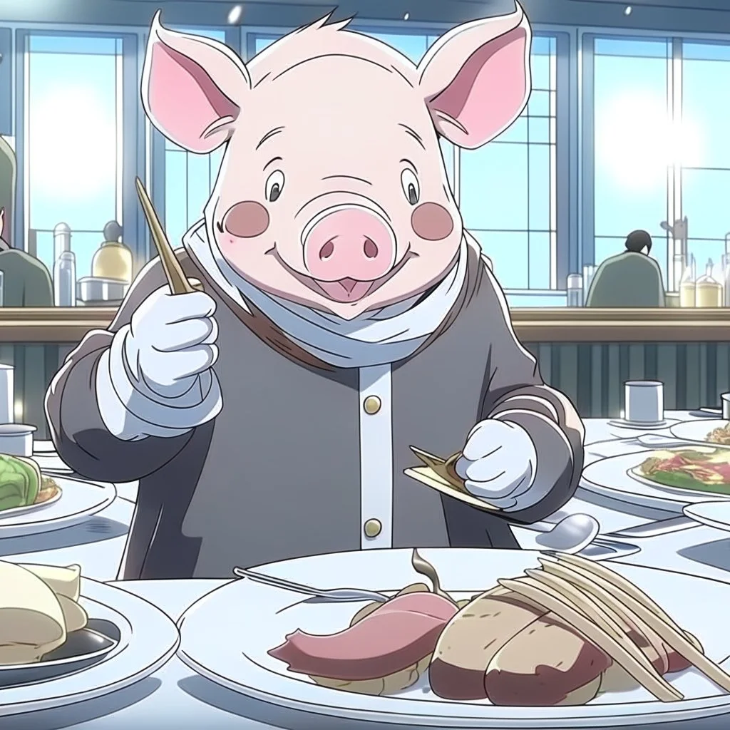 north pole pig holding silverware at a restaurant anime