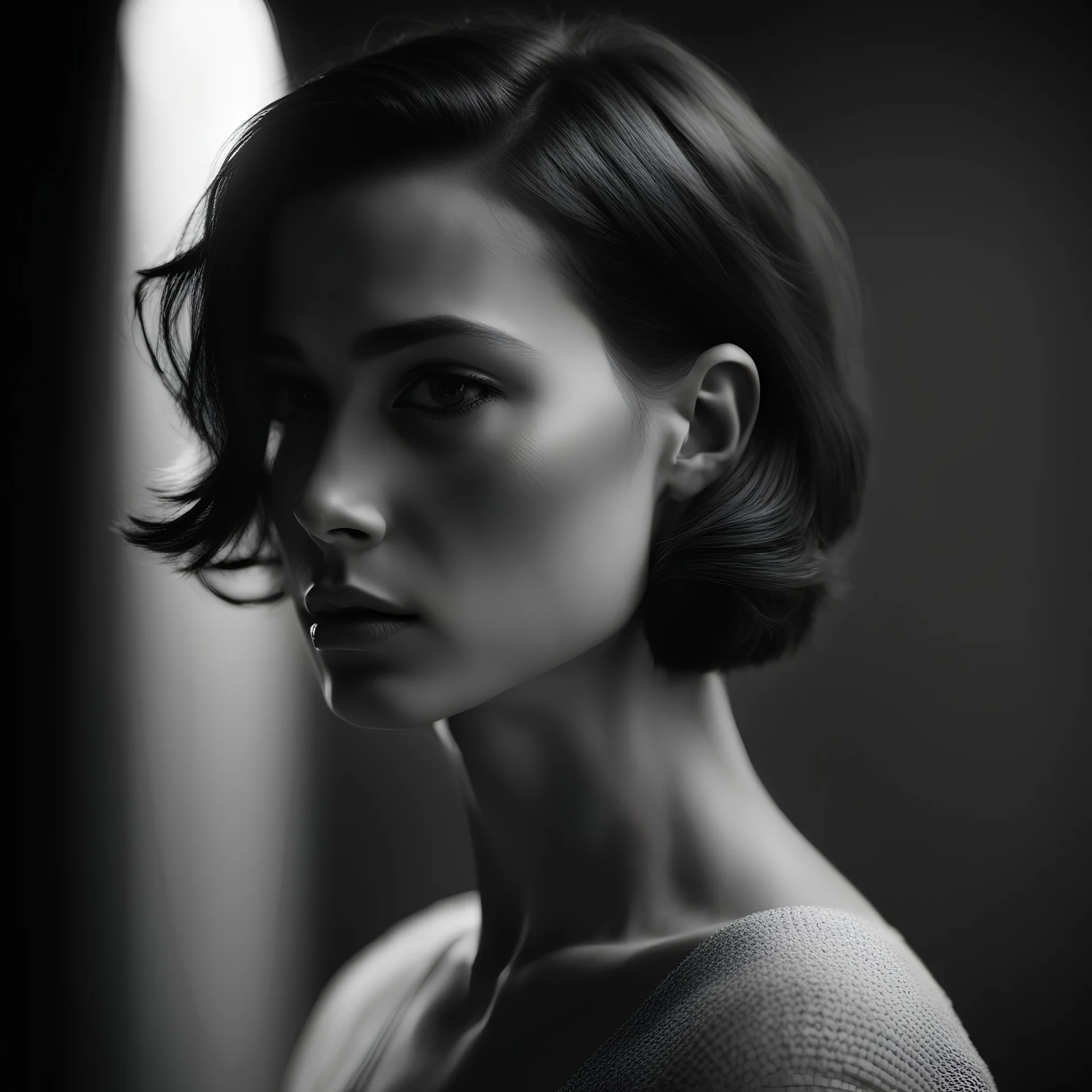close-up portrait of a girl in a dark room, in profile, eyes downcast, short hair, behind her there is a light highlight on the wall, a stylish black and white photograph in the style of Peter Lindbergh