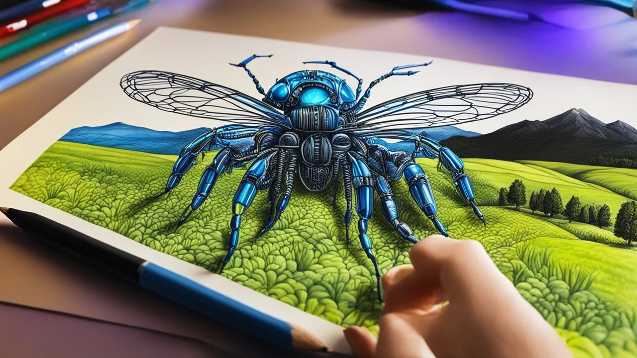 2190. Robot insect drawing a picture, holding six gel-pens in its six hands, drawing a beautiful landscape using four pens, one pen in each hand. The picture is almost finished. Artistic, beautiful lighting, attractive composition, photorealistic, extremely detailed, chiaroscuro, rule of thirds