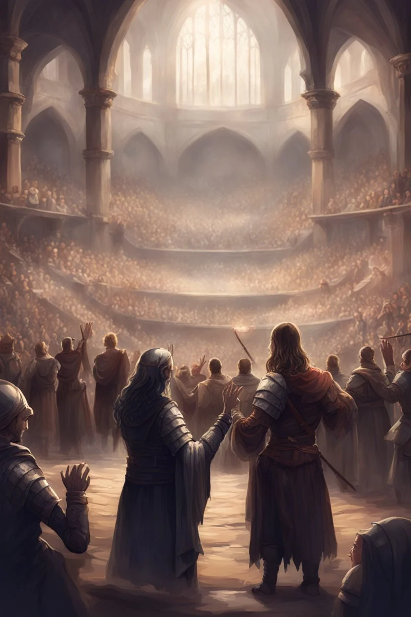 illustration fantasy medieval people applauding in arena