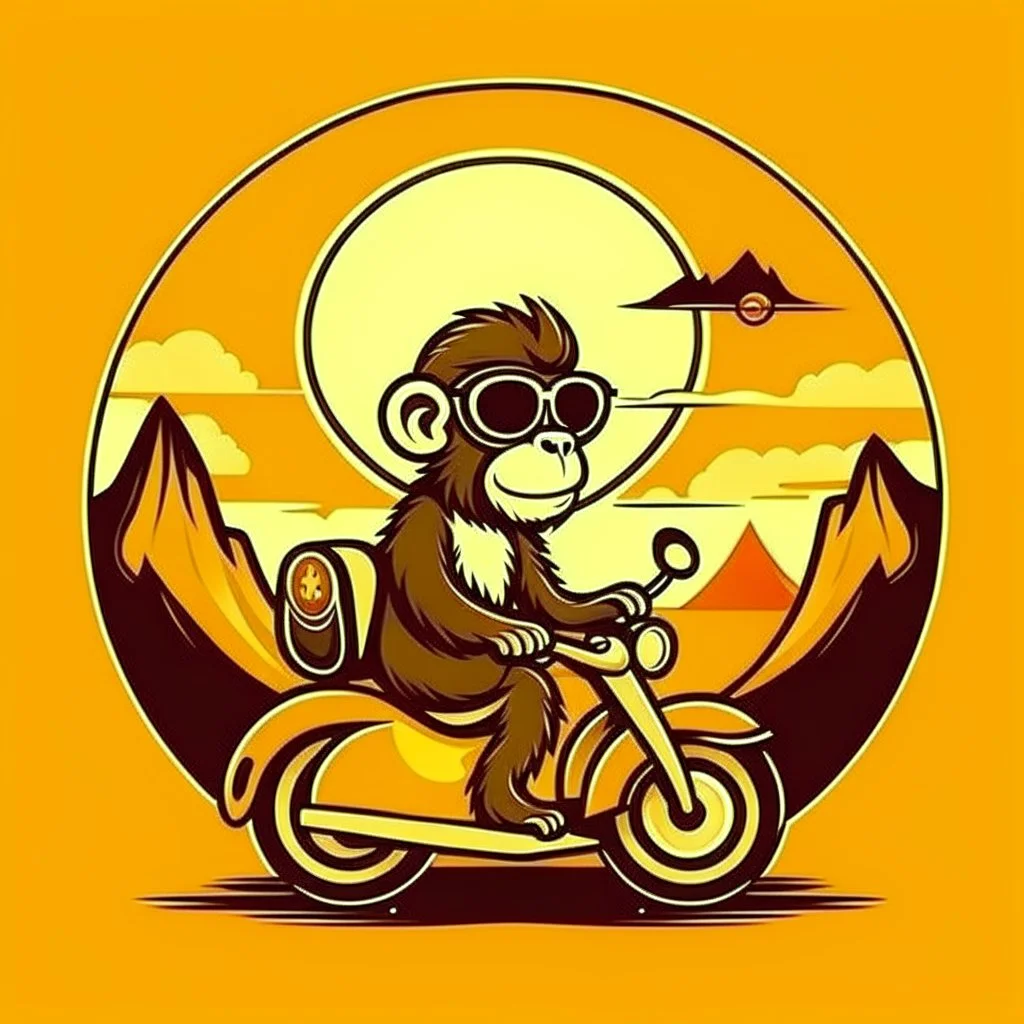 Monkey riding a scooter with sunglasses and a big smile, have a mountain sunset on the background, make a round logo, make the color brown