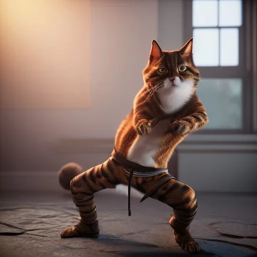 Kung fu ninja cat full body detail, unreal 5, octane render,cinema4d, dynamic lighting, 8k, redshift render, highly, hyperrealism ultra detailed, hyper realistic.