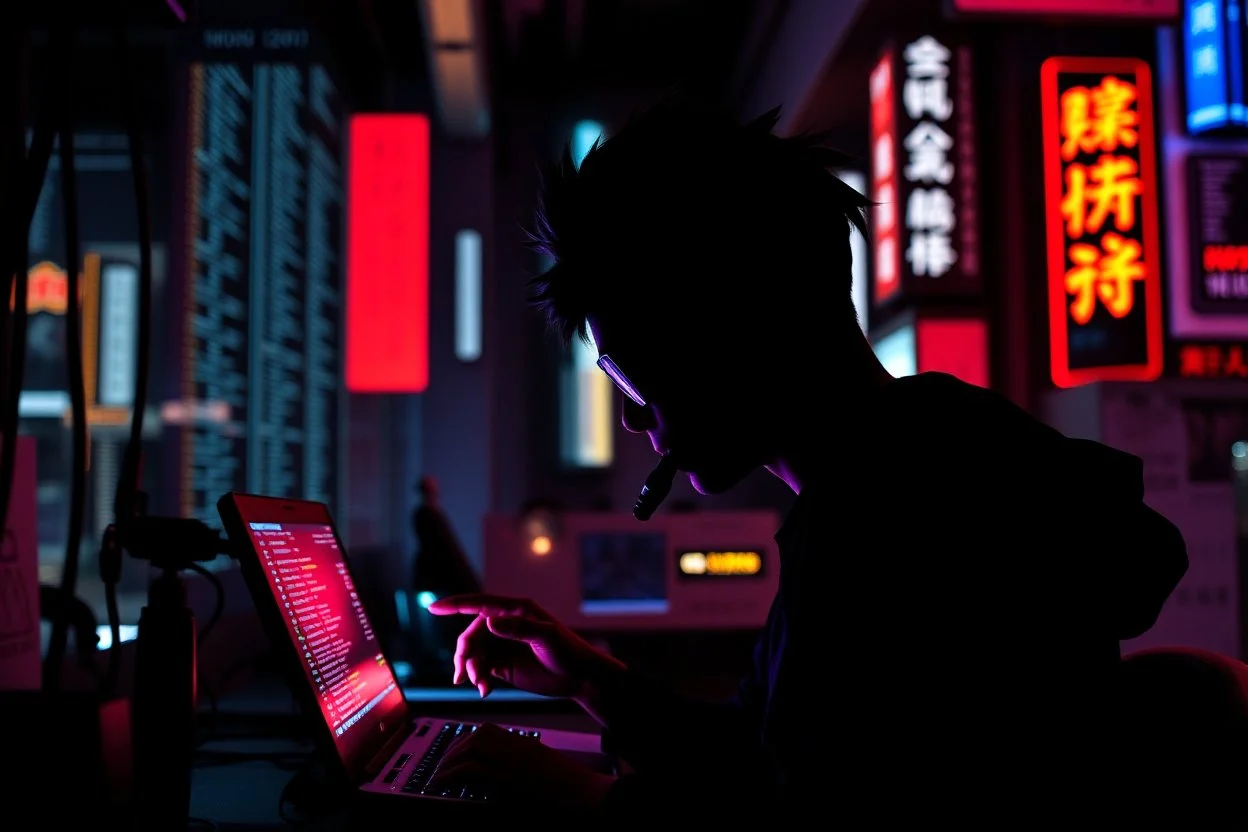 cypher punk silhouette mining code in a Tokyo lab