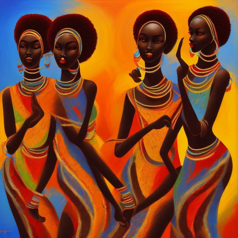 an abstract painting with figures of three African women dancing