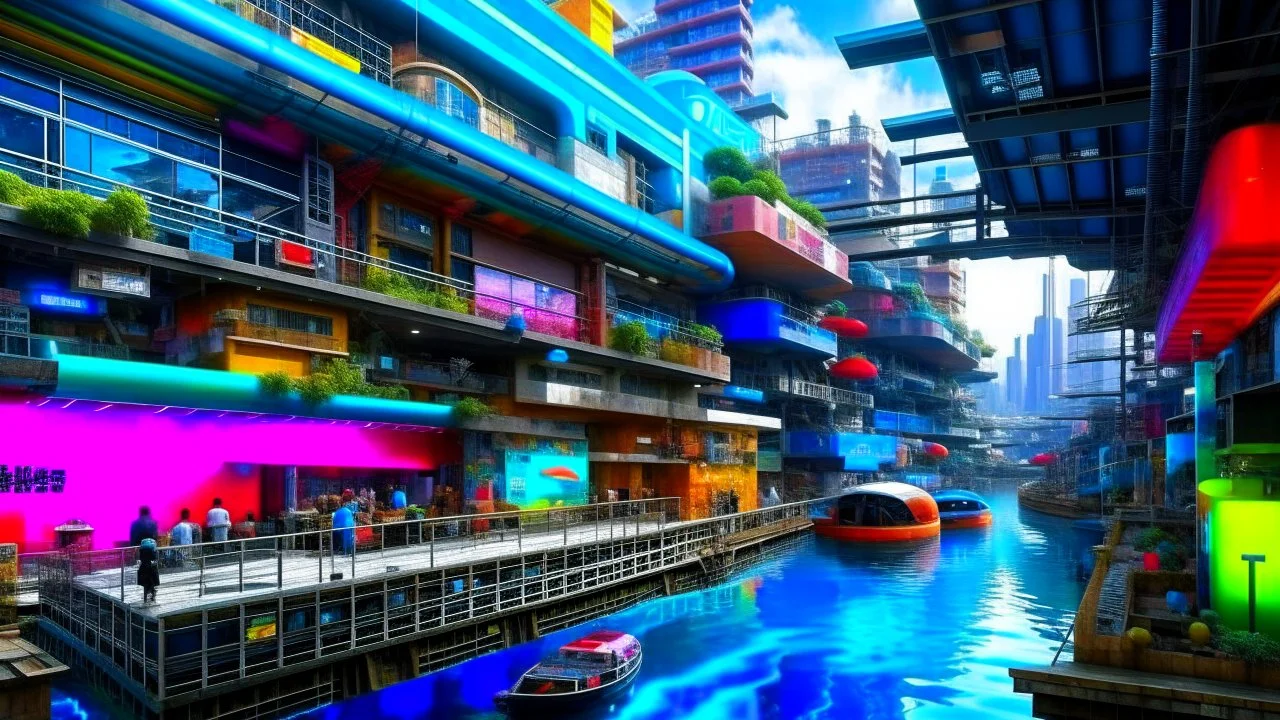 Water-level view of buildings on a canal, made of metal, cyberpunk, many painted colours, floating and flying boats, balconies, bridges, people, shopping, eating, walking, fifth element, ghost in the shell, altered carbon