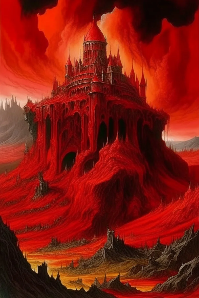 A red volcanic castle in a fiery realm painted by Albrecht Durer