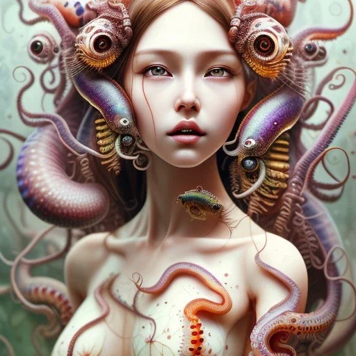 Realistic body, doll up, Asian woman, leaning pose, full body, squid, intricate detail , watercolor illustration by <agnes cecile> centipede, insects, nest, octopus, fly, squid, multiple eyes everywhere, Dryad, plants, wildflower, doll, blood, scythe, dolly,