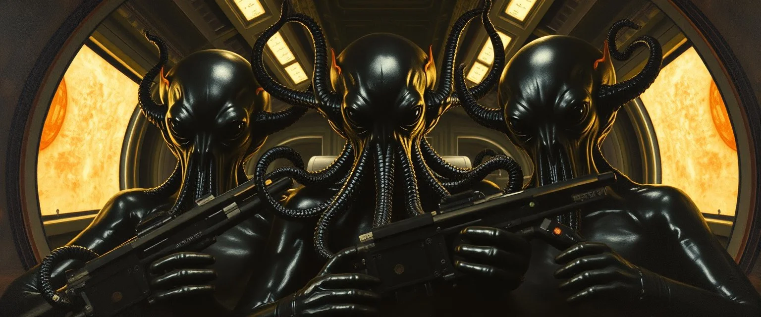 master oil painting by Rembrandt, black glistening slimy octopus insectoid hypnotic Nephilim tribe trauma watchers commando in spaceship, in the style of Giger