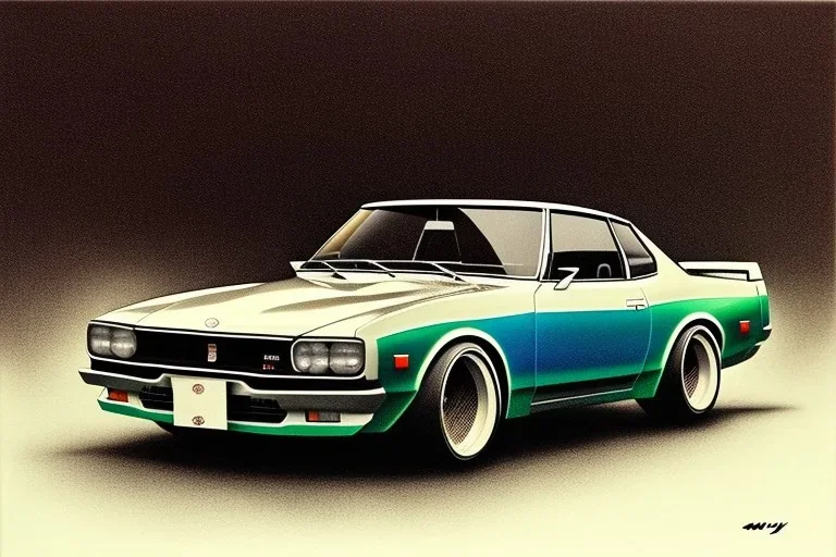 a true-to-life 1971 nissan skyline 2000 gt-r, classic drift wheels, detroit steel wheels, pen and color marker, centered, intricate, extreme detailed, photorealism, center view, random background, pivot on nissan, painting by cheryl kelley