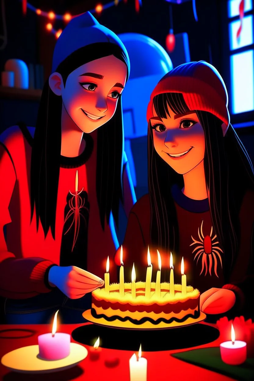 spiderman into the spider verse tarzı 17 yazan mum ile doğum günü kutlayan 2 kız birinin saçı kısa karakterlerin görüneceği kadar aydınlık